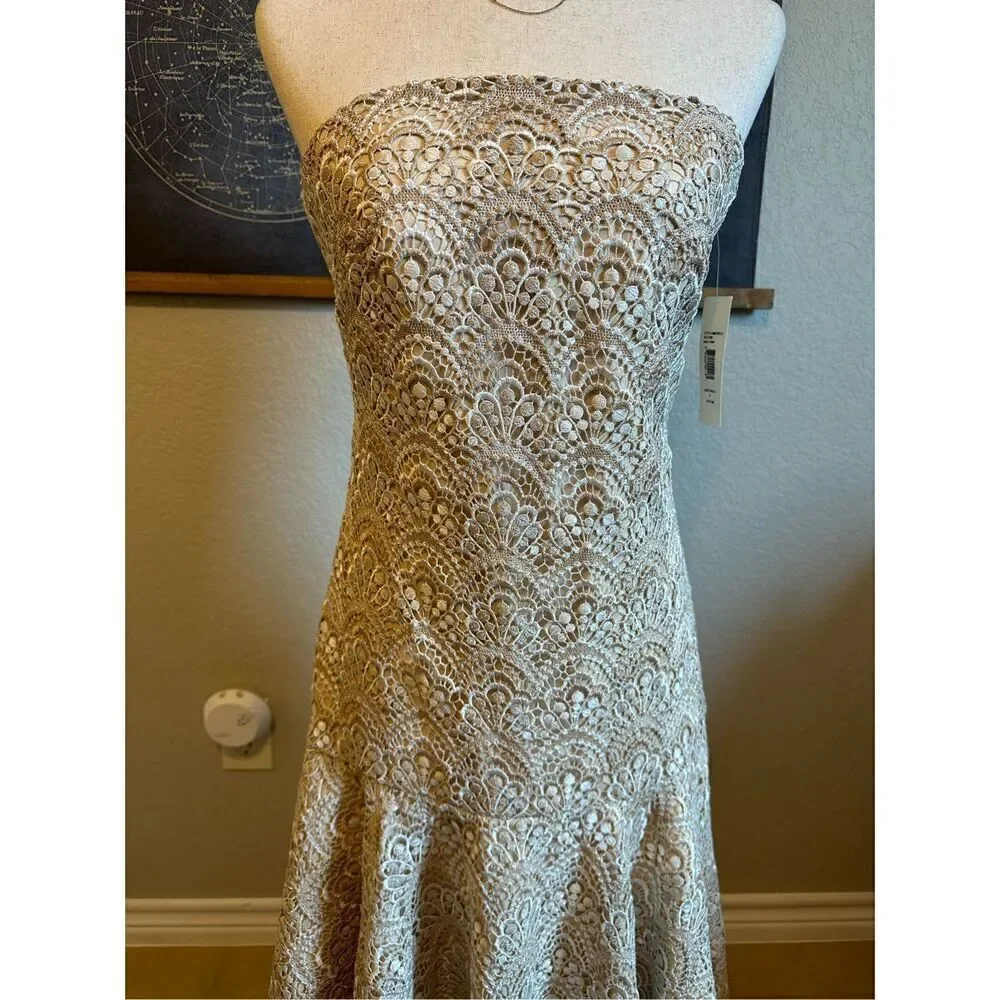 NWT Y2K Badgley Mishcka Strapless Lace Ivory Gold Midi Dress Women Size 6 SC1280
